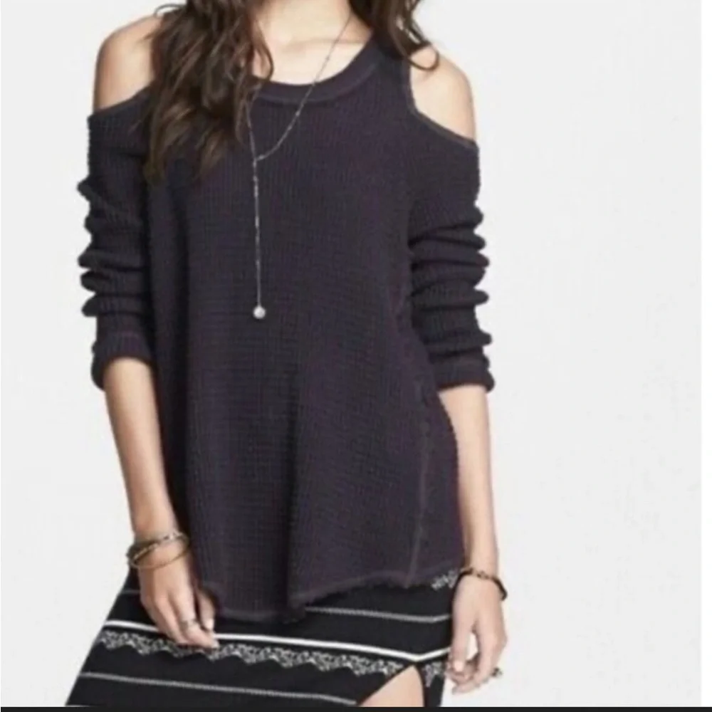 FREE PEOPLE Sunrise Cold Shoulder Thermal Boho Knit Top Sweater Black Small